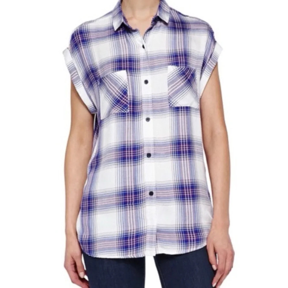 Rails Short Cap Sleeve Plaid Button Up (Small)